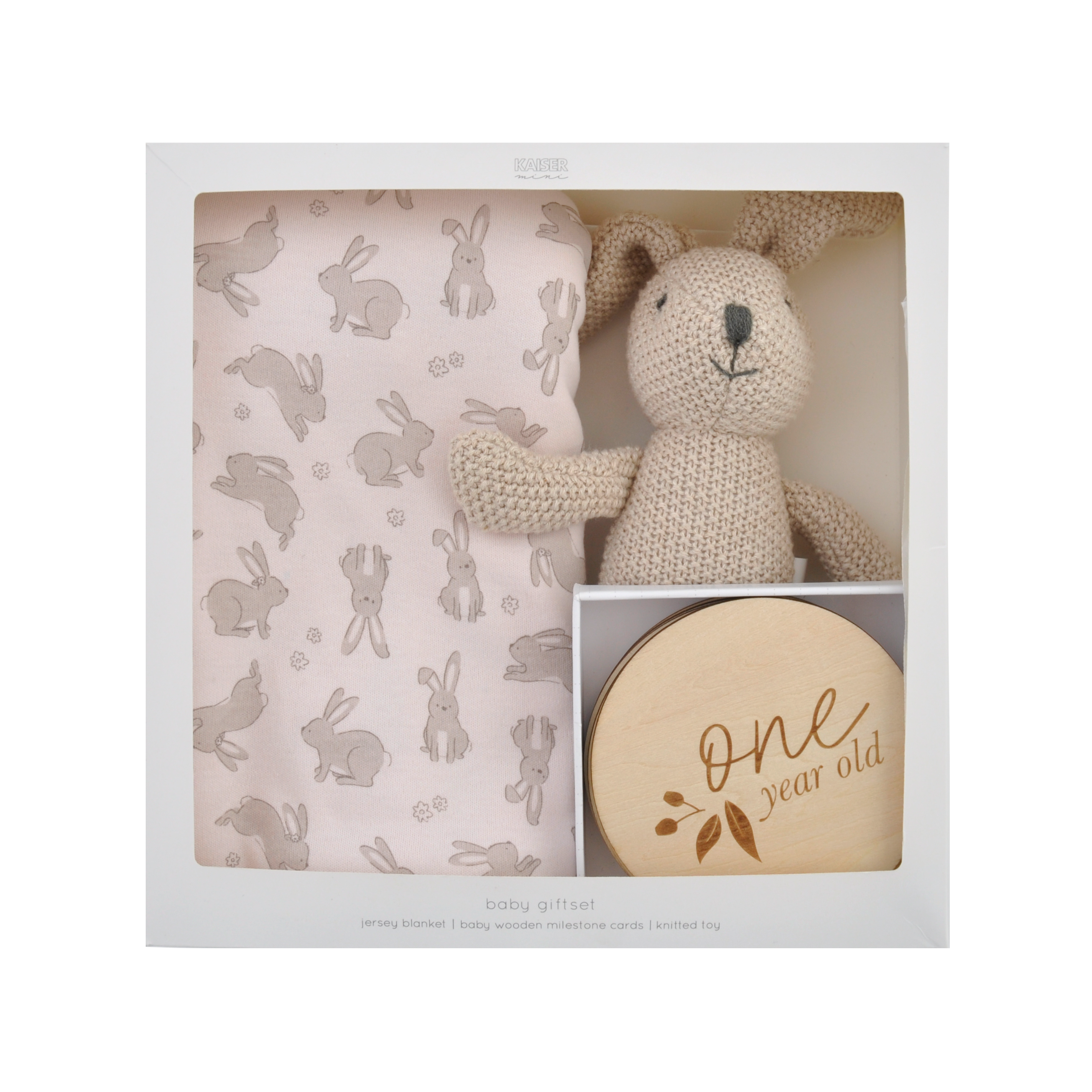 Baby Jersey Blanket, Wood M/Stone Card & Toy Gift Set - Playful Bunnies